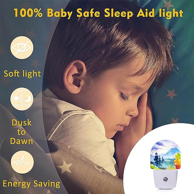 Axxitude Watercolor Mountain Forest Night Lights Plug into Wall for Girls Boys Room,Night Light LED Lamp Dusk to Dawn Sensor Round Lamp for Bedroom Bathroom Hallway Home Wall Decor Nightlight