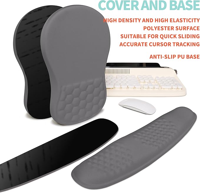 KUOSGM 2-in-1 Ergonomic Set, Wave Rise Keyboard Wrist Rest and Massage Bulge Slope Mouse Pad Wrist Support, Cushion Memory Foam Integrated to Relieve Wrist Pain, Deep Gray