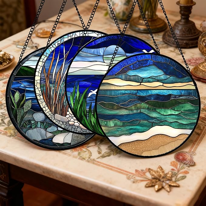 AMDERVEN Stained Glass Window Hanging 4 Pcs Set Navy Blue Ocean Landscape Large 15" - Suncatcher Door Garden Sun Catcher Decor Birthday Mother's Day for Mom Woman Nana Girl Boy Friend