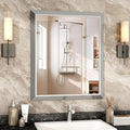 SMIROR Brushed Silver Bathroom Mirror for Over Sink, 36”x 30” Metal Thick Framed Rectangle Vanity Mirror for Wall, Right Angle Corner, Anti-Rust, Horizontally or Vertically Mounted