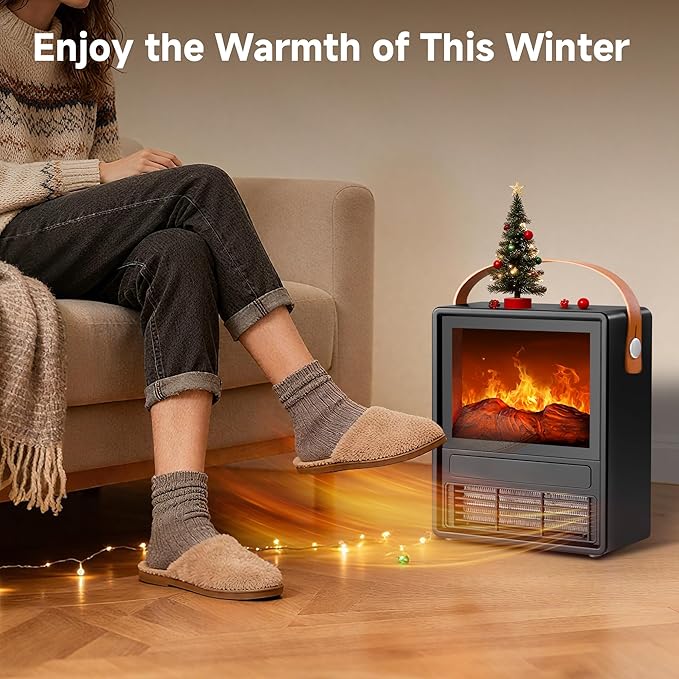 FLAME&SHADE Portable Electric Fireplace Heater for Indoor Use, Fire Place Heaters with 3D LED Flame Overheat & Tilt Protection, Space Heater Small Fireplace for Home Office Christmas Decoration, Black