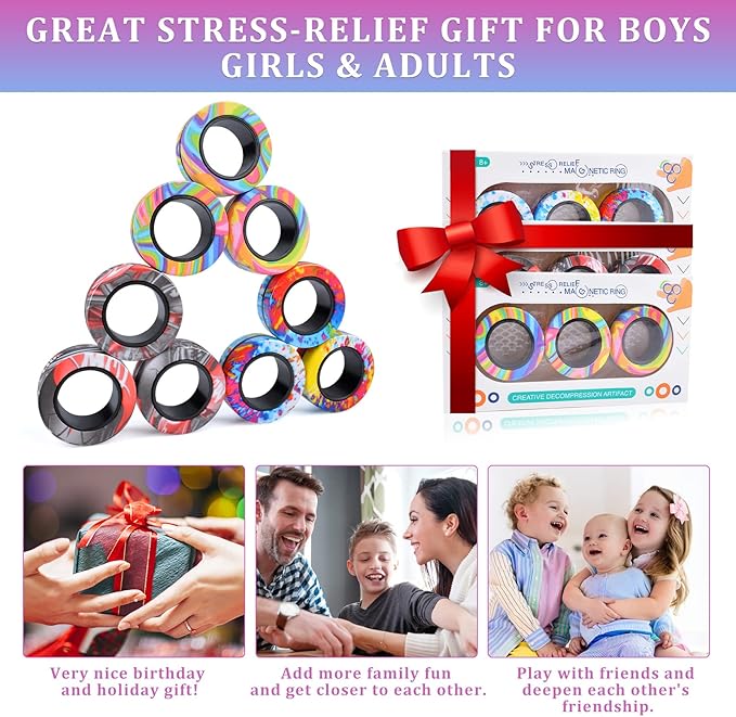 Cevioce Valentines Day Gifts for Him 8+ Year Old Teen Boy Adults, Magnetic Rings Fidget Toy Set, ADHD Anxiety Magnetic Fidget Toys Adults Fidget Spinner Rings for Relief, Easter Basket Stuffers 7