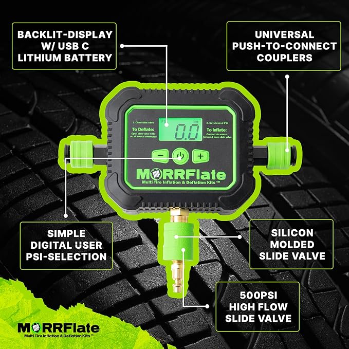 MORRFlate Air Hub + Air Hub Hoses Quad 125" Wheelbase 4 Tire Inflation Deflation System with Air Hub Automatic Digital PSI Controller High-Flow Solenoids Fast Efficient Multi Tire Inflation Deflation