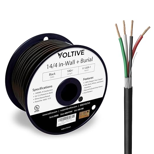 Voltive 14/4 Speaker Wire, in-Wall CL3 & Direct Burial, Black, 100ft - 14AWG, 4 Conductors, Stranded Oxygen-Free Copper, UL Listed - V-1209-1