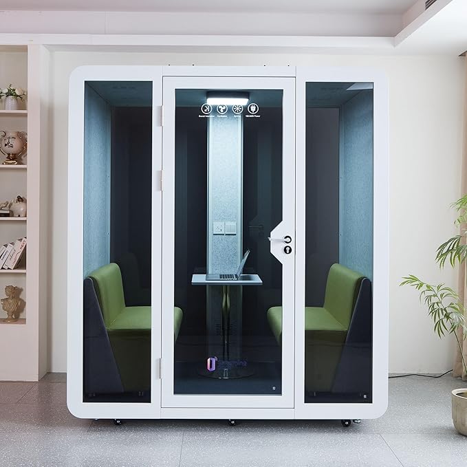 GEARONIC Mobile Office Pod Booth, Sound Proof Office Pod Booth with Mobile Roller, Larger Space for 2-4 People, LED Lighting System,Fans and AC USB Ports（White-Grey）