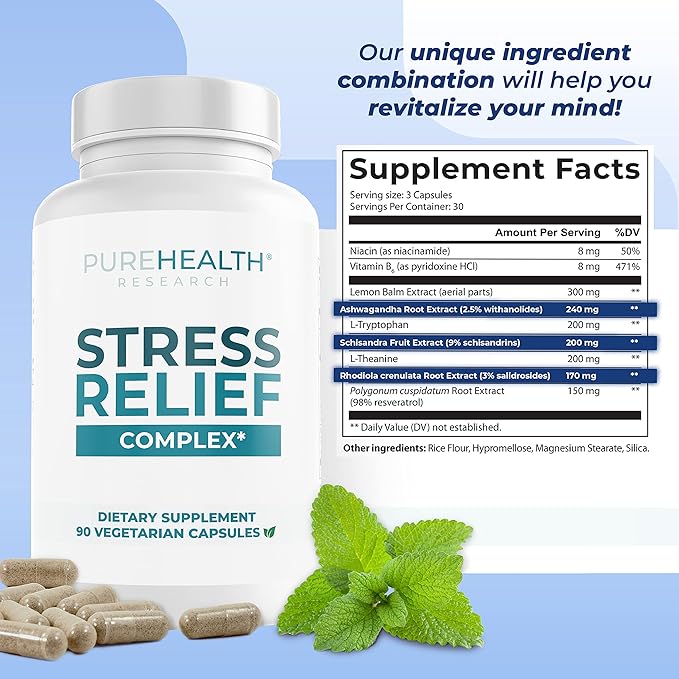 PUREHEALTH RESEARCH Stress Release Complex - Mood Support Supplement for Women & Men - Helps With Occasional Stress & Relaxation - With Ashwagandha, L Theanine, Lemon Balm, Niacin & More - 90 Capsules