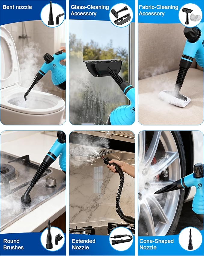MLMLANT Handheld Steam Cleaner, multi-functional portable steam cleaner with a safety lock and a 9-piece accessory set, suitable for steam cleaning carpets, sofas, mattresses, car seats, kitchens