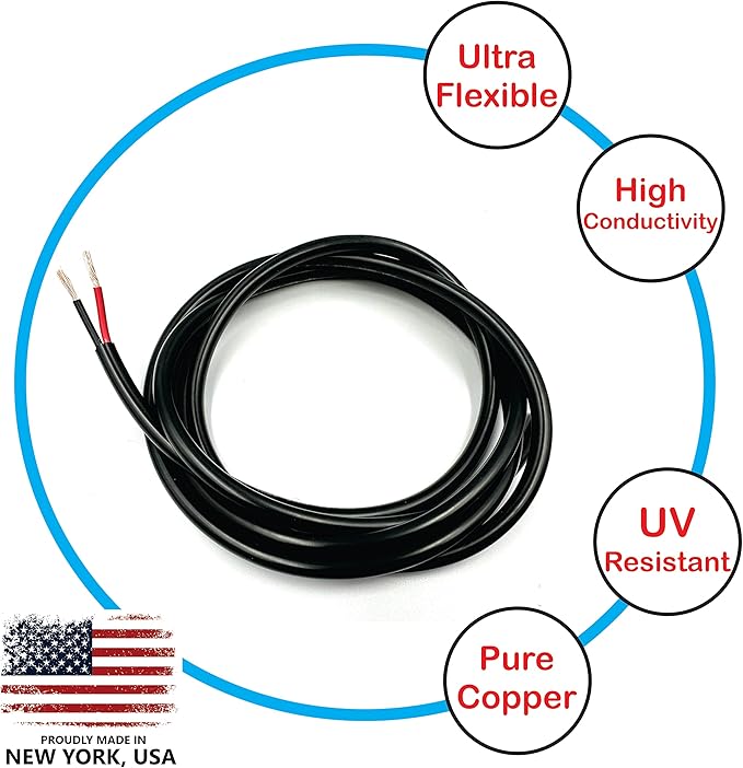 NATIONAL Wire & Cable – 10 AWG 2-Conductor Premium Copper Wire, 250 ft, Stranded | Made in USA, Heavy-Duty Flexible Jacket | Automotive, Solar, Battery, Indoor and Outdoor Use
