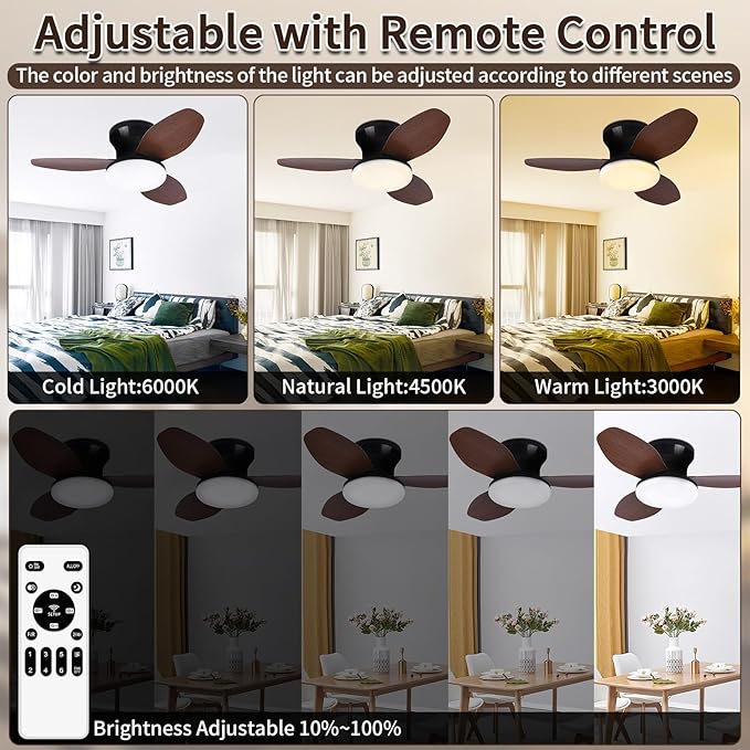 Glowall Small Ceiling Fan with Lights and Remote, 25 Inch Flush Mount, Reversible Quiet DC Motor, 3 Blades, 6 Wind Speeds, Dimmable LED, Adjustable Color Temperature, Timer