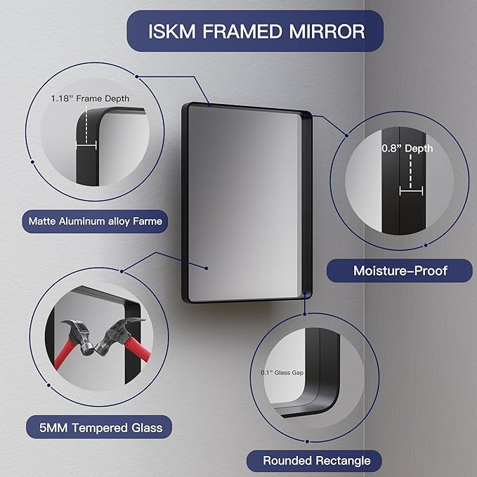 ISKM Black Metal Frame Wall Mirror for Bathroom 22" x 30" Rounded Corner Rectangle Mirror Bedroom Vanity Mirrors Wall Mounted Tempered Glass