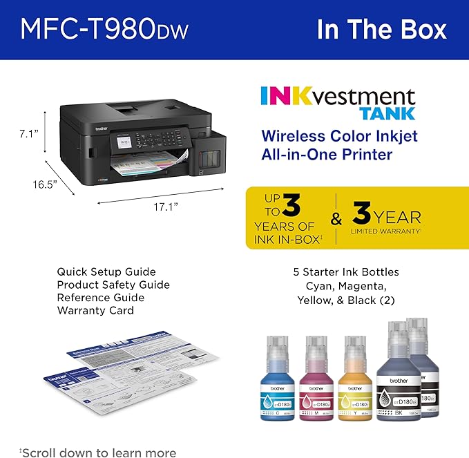 Brother INKvestment Tank 980 Wireless and Ethernet Color Inkjet All-in-One Printer with Multipurpose Tray | Includes up to 3 Years of Ink in-Box(1) and 3-Year Limited Warranty(2) (MFC-T980DW)