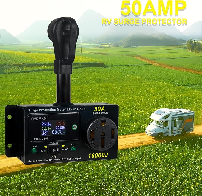 50 Amp RV Surge Protector with kWh Energy Monitor - 16,000 Joules Lightning Protection - Digital Power Meter Display (Volts, Amps, Watts, Temp) for Motorhome (NEMA 14-50P)