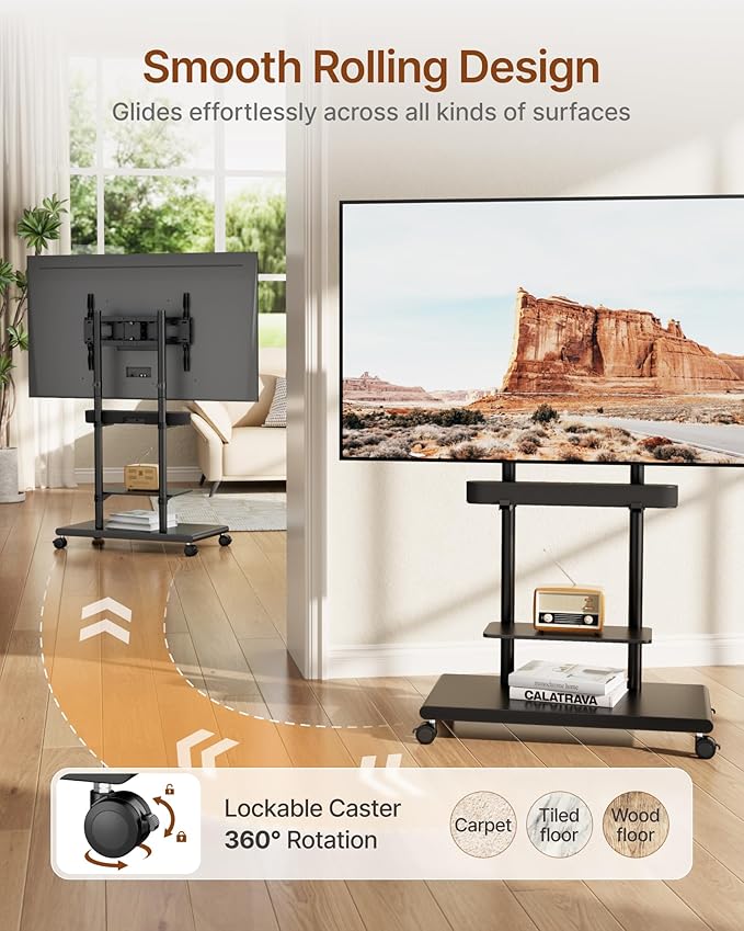ECOTINY Steel Base Rolling TV Stand with Soundbar Mount for 50-90 inch TVs up to 154lbs, Swivel&Tilt Mobile TV Stand with Large Storage, Height Adjustable Heavy-Duty TV Cart, Max VESA 600x400mm, Black