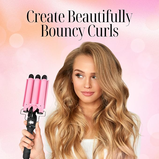 Alure Three Barrel Curling Iron Wand Hair Waver with LCD Temperature Display - 1 Inch Ceramic Tourmaline Triple Barrels, Dual Voltage Crimp