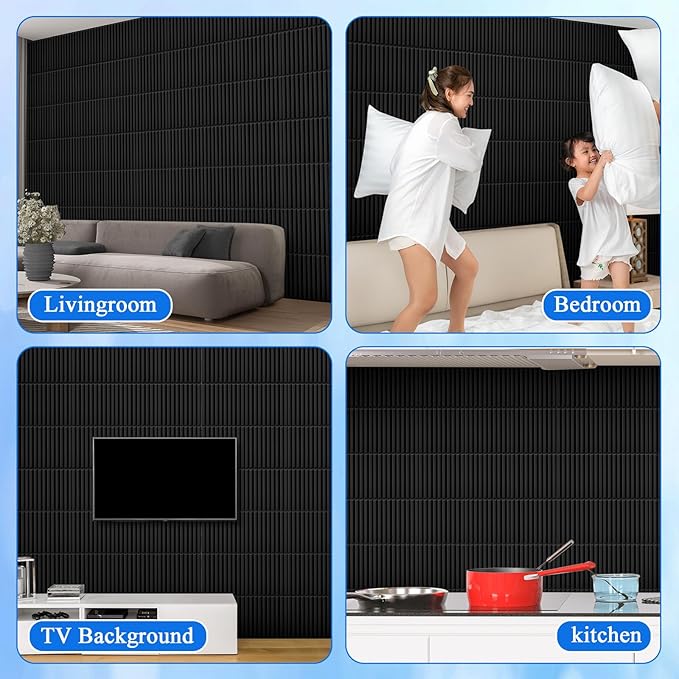 Nuanchu 60 Pcs 3D Slat Wall Panels 12 x 12 Inch PVC Fluted Textured Panel Cuttable Paintable DIY Wall Art Decorative Tiles for Ceiling Studio Bathroom Interior TV Background (Black)