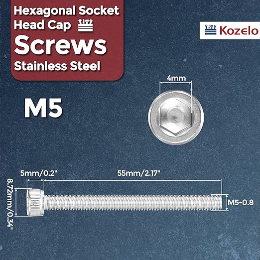 Kozelo 15pcs Socket Head Cap Screws - [M5-0.8 x 55mm] 304 Stainless Steel Allen Socket Drive for Electrical Motor 3D Printing Fan Engine Replacement Use, Silver