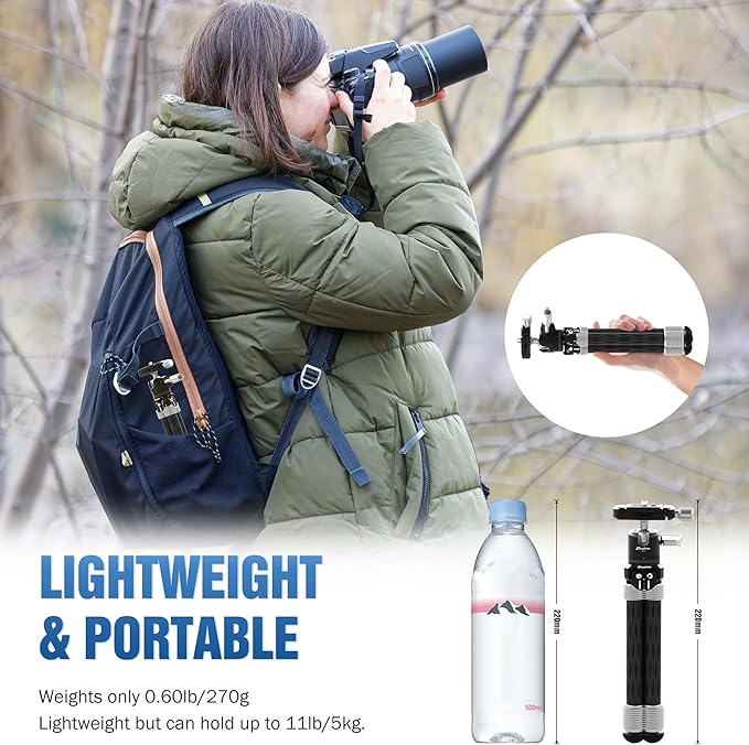 LEOFOTO Carbon Fiber Mini Table Tripod with Ball Head for Camera, Lightweight Desktop Tripod with Base, 1/4" Arca QR Plate for Phone Adaptor/Projector, Max Height 10.43", Max Load 11LB, MT-02C Plus