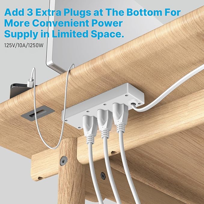 CCCEI 6 Outlets Dual Side Recessed Power Strip with USB C Ports, Furniture Flush Mount, Under Desk, Desk Top Multiple Outlets, Hidden Charging Station for Conference Table, Nightstand, White. 10FT.