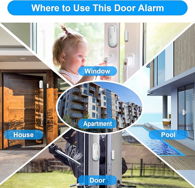 SanJie Window Alarm Sensors Door Alarms for Home Security Volume Ajustable 0-120 DB Pool Door Alarms for Kids Safety with 4 Modes Open Alarm/Close/Dingdong/Reminder Burglar Alert (5 Pack)
