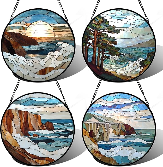 DASTOLL Stained Glass Window Hanging 4 Pcs Set Ocean Waves 7.8" - Blue and White Sea Suncatcher Door Garden Sun Catcher Decor Birthday Christmas for Mom Woman Nana Men