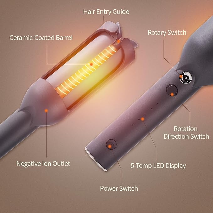 Inovocare Upgraded Automatic Rotating Curling Iron - CurlPro Plus Long Barrel Curling Wand for Long Hair, Ceramic Hair Curler for Women, Anti-Scald, Tangle-Free, 600M Ionic, Dual Voltage (Dark Grey)