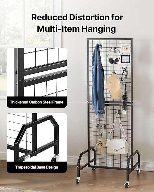 VEVOR Grid Wall Panel, 1.9 x 5.4 ft Wire Grid Panels Display Rack, Movable Art Display Shelf with Wheels and 10 Hooks, Black Carbon Steel Gridwall for Craft Show, Decoration, Storage, Notice Board