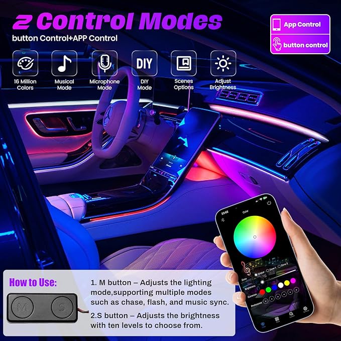 Acrylic Interior Car LED Strip Lights, Colorful 10-in-1 Car Ambient Lighting Kit, with Wireless APP Control, 622 LED Fiber Optic Strip Lights for Cars, Supports Neon Sync with Music DIY Mode