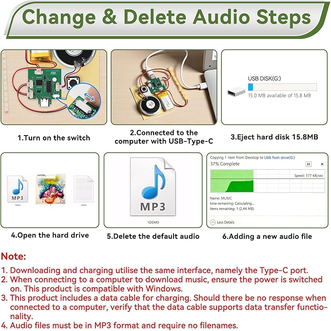 1PCS Customize Recording Module with LED Strip DIY Music Voice Recording Module Chip with Speaker,Type-C Cable,Capability16 Minutes Music for Personalized Greetings, Holiday Crafts Cards with Manual