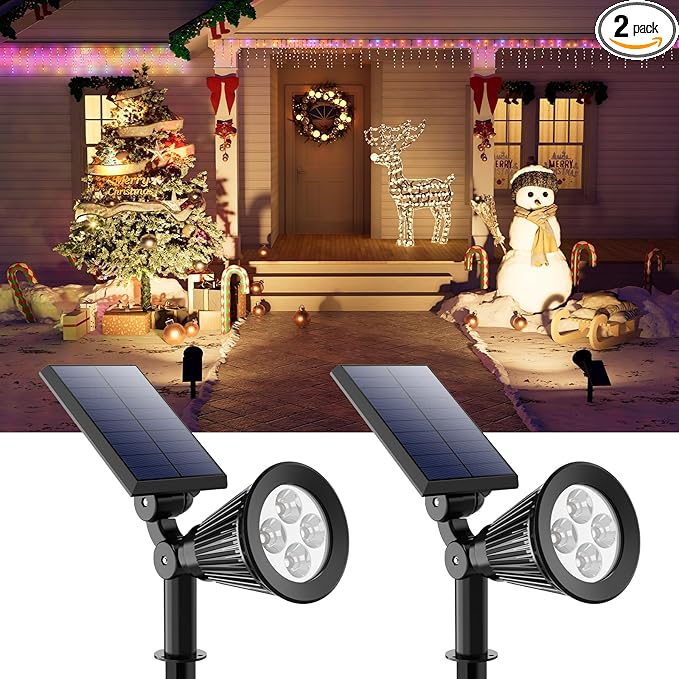 2 Pack Solar Spotlights Outdoor Waterproof for Christmas Hanging, Tree, Wreaths, Snowman, Elk, Adjustable Panel Solar Power Landscape Uplights for Outside Garden, Backyard, Patio, Sidewalk,Warm White