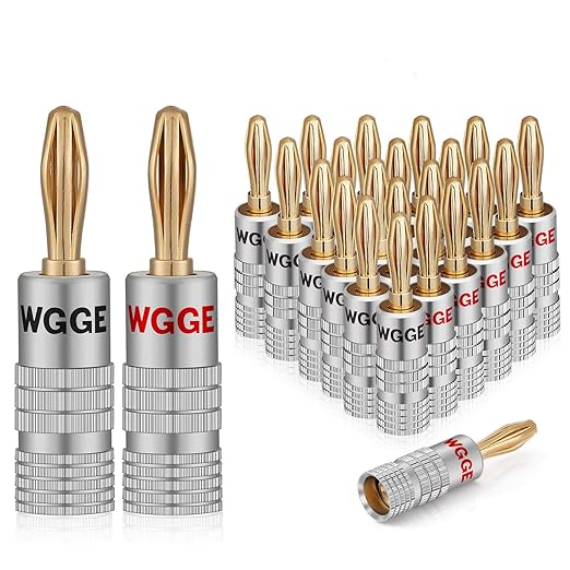 WGGE WG-009 Banana Plugs Audio Jack Connector, 24k Gold Dual Screw Lock Speaker Connector for Speaker Wire, Wall Plate, Home Theater, Audio/Video Receiver and Sound Systems (12 Pairs / 24 pcs)