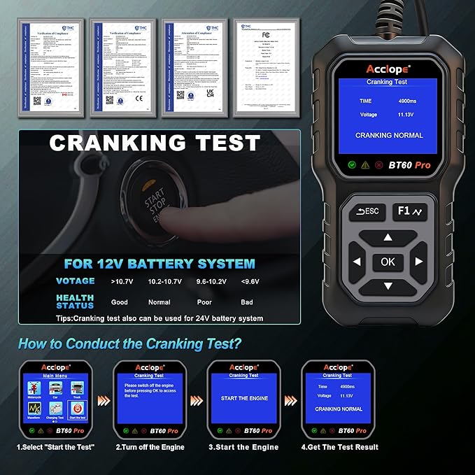 Acclope BT60 Pro Car Battery Tester, Digital Analyzer with Cloud Printing, 6V/12V/24V Battery Checker for AGM, Lithium, Gel Batteries, 100-3000 CCA Range, Automotive Charging System