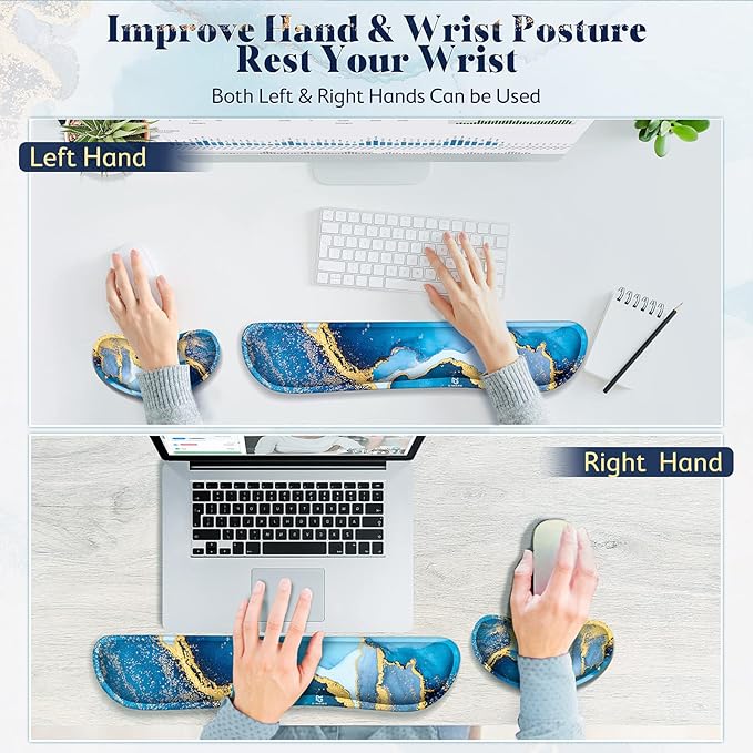 Gimars Upgrade Enlarge Gel Memory Foam Set Keyboard Wrist Rest Pad, Mouse Wrist Cushion Support for Office, Computer, Laptop, Mac, Comfortable, Lightweight for Easy Typing Pain Relief, Blue Gloden