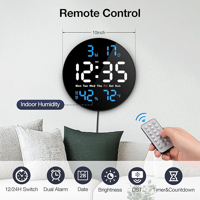 Brauthon Large Digital Clock for Classroom, Digital Classroom Clocks for Teachers, 10" Round LED Clock with Large Display，Date, Countdown Timer, Remote Control, Temperature, Electric (Blue)
