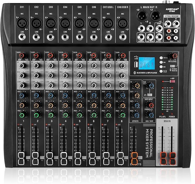 8 Channel Professional Audio Mixer with 48V Phantom Power, USB Audio Interface, Bluetooth & MP3 Player, Sound Board for Podcast, Home Studio, Live Streaming & Recording