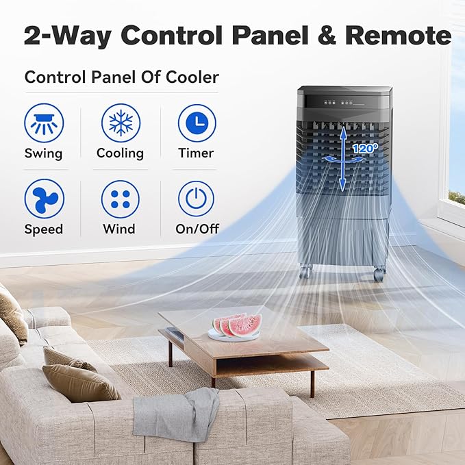 Auertech 5.5 Gal Swamp Cooler, 1800 CFM Portable Evaporative Air Cooler with 3 Speeds, Remote, 12H Timer, 120°Oscillation, Portable Air Coolers for Room, Garage, Bedroom