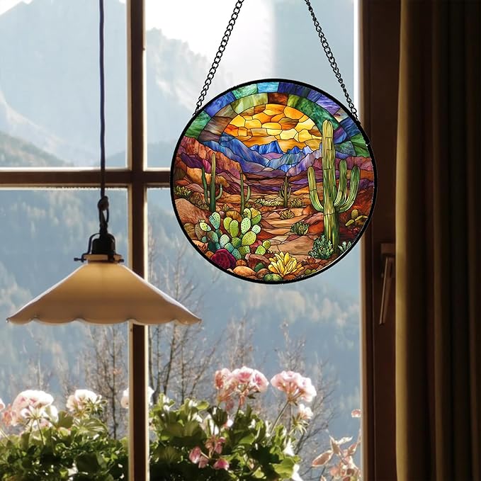 CRISGIF Stained Glass Window Hanging Cactus Mountains Landscape 7.8" - Suncatcher Door Garden Sunroom Sun Catcher Home Decor Birthday Christmas for Mom Men Woman Nana