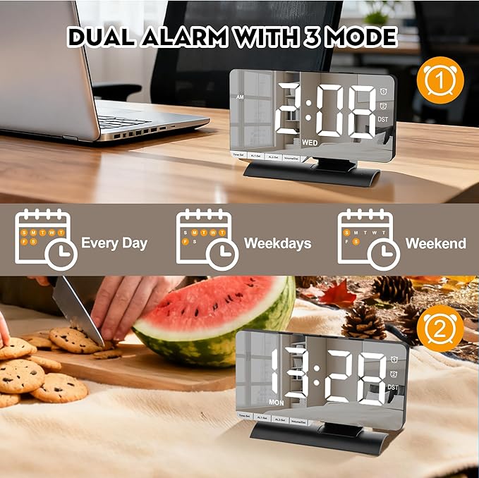 SZELAM Digital Clock,Alarm Clock Bedside,7.3'' Large LED Mirror with Date Display,Dual Alarm with 3 Mode,Brightnee Adjust,DST,Snooze Function,USB C Charging Port,5 Levels Volume for Desk Bedroom Teens