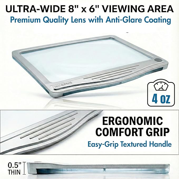 MagniPros 5X [Rechargeable] Large Ultra Bright LED Page Magnifier with Anti-Glare Lens & 3 Stepless Color Light Modes to Relieve Eye Strain-Ideal for Reading Small Prints, Low Vision and Seniors