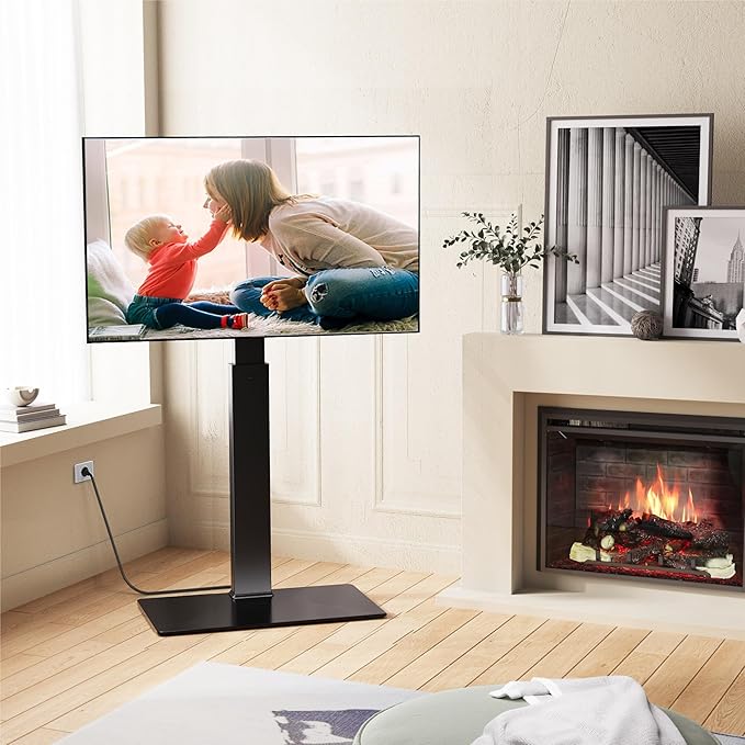 FITUEYES Floor TV Stand for 32-75 inch TV with Power Outlet, Tall TV Stand for Bedroom Living Room with Tempered Glass Base, Floor TV Mount Holds Up to 88lbs MAX VESA 600x400mm,Black