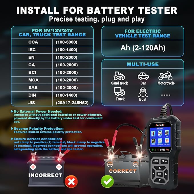 Acclope BT60 Pro Car Battery Tester, Digital Analyzer with Cloud Printing, 6V/12V/24V Battery Checker for AGM, Lithium, Gel Batteries, 100-3000 CCA Range, Automotive Charging System