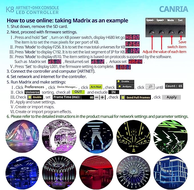 CANRIA K8 ARTNET+DMX CONSOLE LED CONTROLLER, Suitable for SPI and DMX512 LED Light, Online Offline, Addressable Programmable, 1G SD Card With 96 Program Modes and Offline Software.