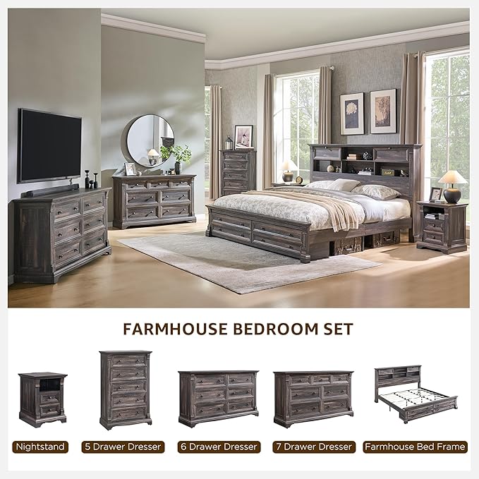 Farmhouse Nightstand with Charging Station, 18" End Table with 2 Drawers Storage and 1 Storage Shelf, Wooden Sofa Side Table w/Roman Column, Bedside Cabinet for Bedroom, Living Room, Dark Rustic Oak