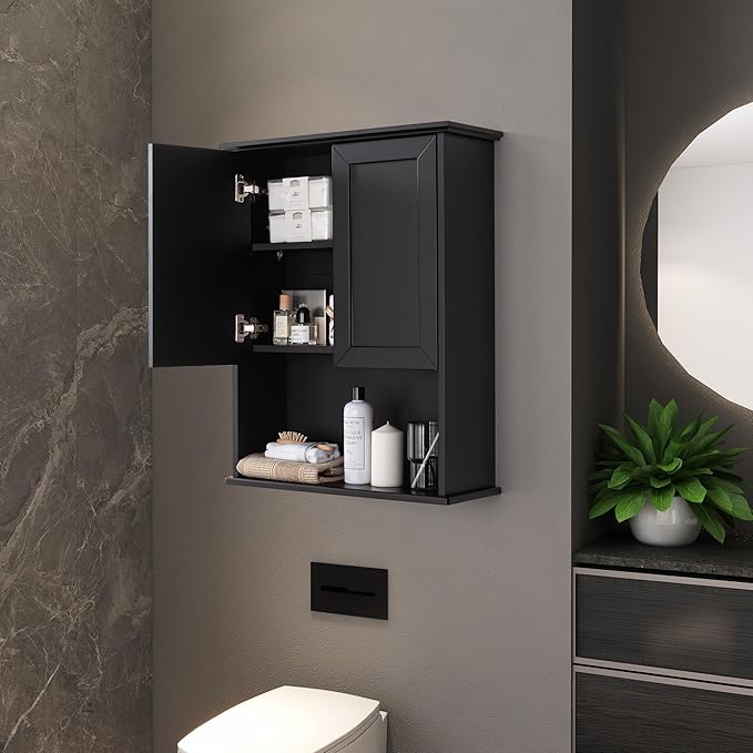 Black Bathroom Wall Cabinet 23x29 inch Wooden Bathroom Medicine Cabinet with 2 Doors and Adjustable Shelf, Wall Mounted Cabinet Over Toilet Storage Cabinet | 2 Doors, Adjustable Shelf, Wall Mounted, Over Toilet Storage