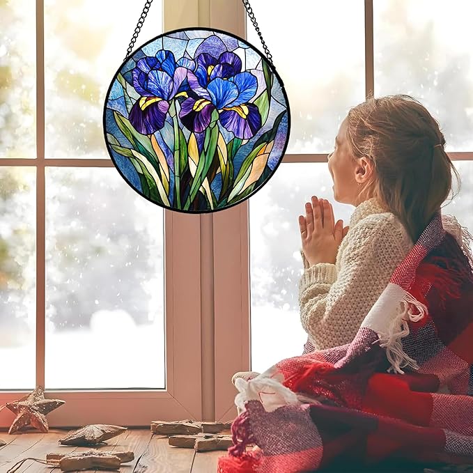 CRISGIF Stained Glass Window Hanging - Blue Purple Iris Flower Suncatcher for Door Garden Patio Sun Catchers Decor Christmas Mother's Day Birthday Gifts for Women Men Mom Nana Aunt Friend 7.8 in