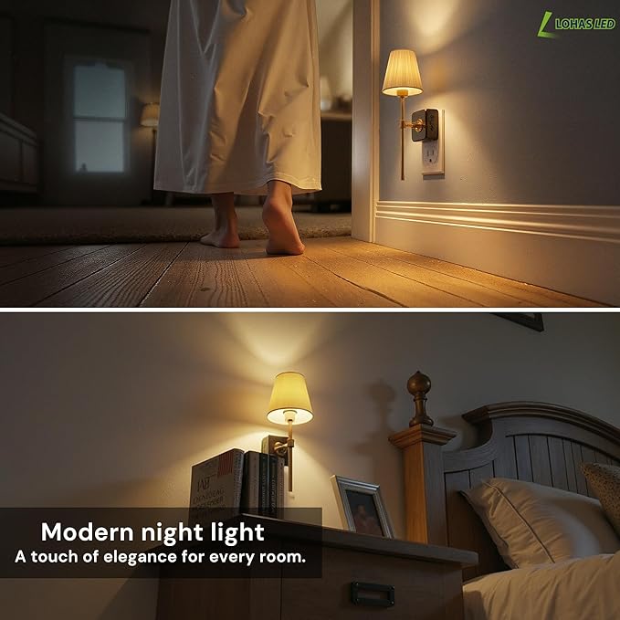 L LOHAS LED Night Lights Plug into Wall, 2 Pack Pleated Fabric Cover Night Light, Dusk to Dawn Sensor Vintage Nightlight, 0-100LM Dimmable, for Bedroom Living Room Hallway