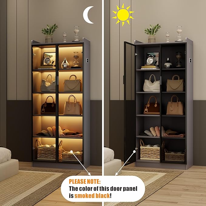 Dystler 65" Tall Display Cabinet with Doors, Lighted Bookcase with Lights/Human Sensor, 5 Tier Display Case with Adjustable Shelves for Collectibles Bedroom Living Room Office, Grey-Smoked Black Door