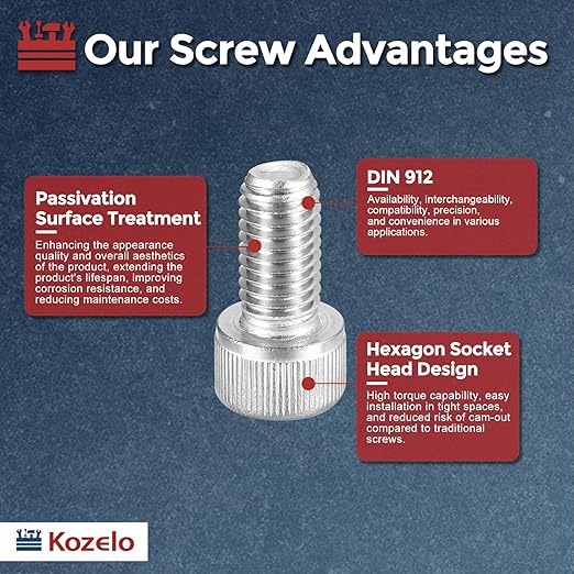 Kozelo 6pcs Socket Head Cap Screws - [M10-1.5 x 22mm] 304 Stainless Steel Allen Socket Drive for Electrical Motor 3D Printing Fan Engine Replacement Use, Silver