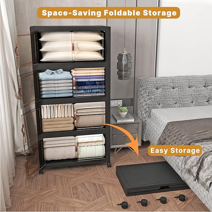 Extra Large Stackable Storage Bins with Lids & Wheels, 1344QT-168QT/42GAL*8Pack Foldable Collapsible Closet Organizers Dark Storage Cabinet with Doors for Bedroom Dorm