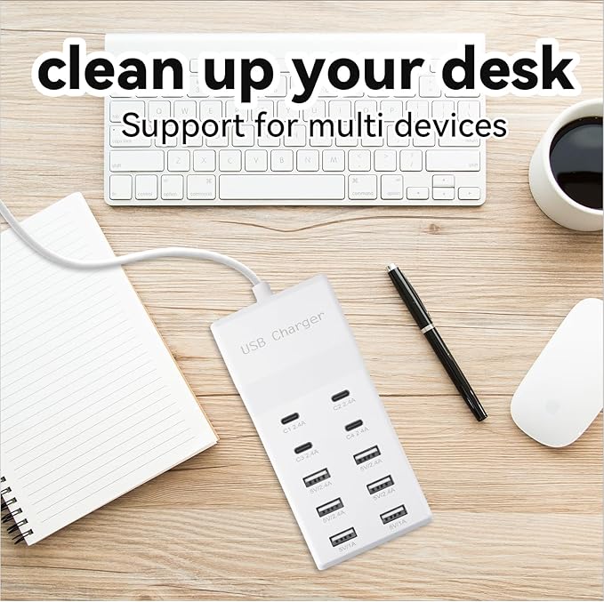 USB Charging Station with 6 USB-A & 4 USB-C Ports, 50W 10A USB Charging Block for Smart Phone, Tablet, Laptop, Multiple Devices - USB Power Strip with Auto-Detect Technology (2 PCS)