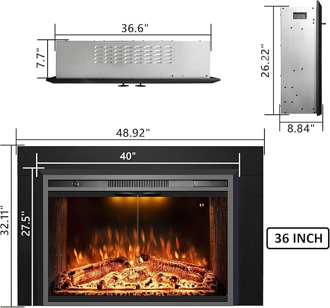 Velaychimny 49" Electric Fireplace Insert with Metal Trim Kit, Adjustable Flame, Fire Crackling Sound, Top Light Colors, Timer, Glass Door & Mesh Screen, Black